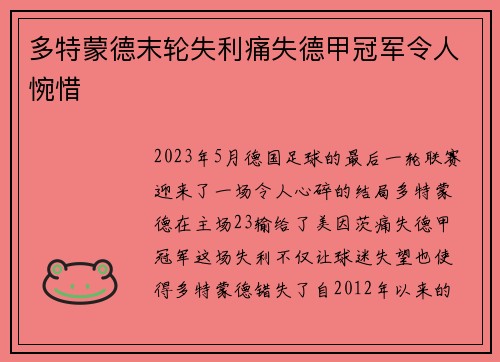 多特蒙德末轮失利痛失德甲冠军令人惋惜 多特蒙德末轮失利痛失德甲冠军令人惋惜