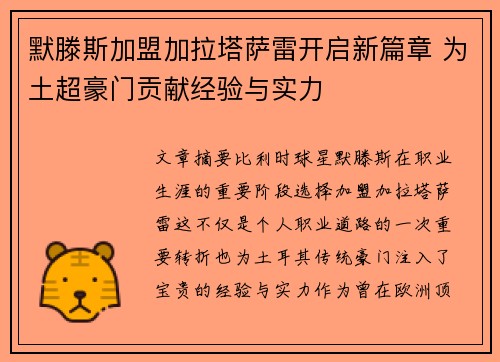 默滕斯加盟加拉塔萨雷开启新篇章 为土超豪门贡献经验与实力